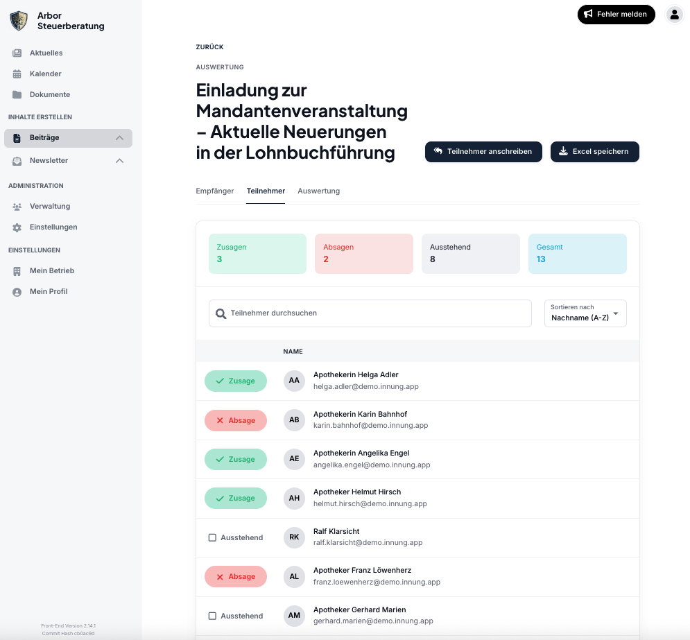 Teilnehmerverwaltung auf einen Blick