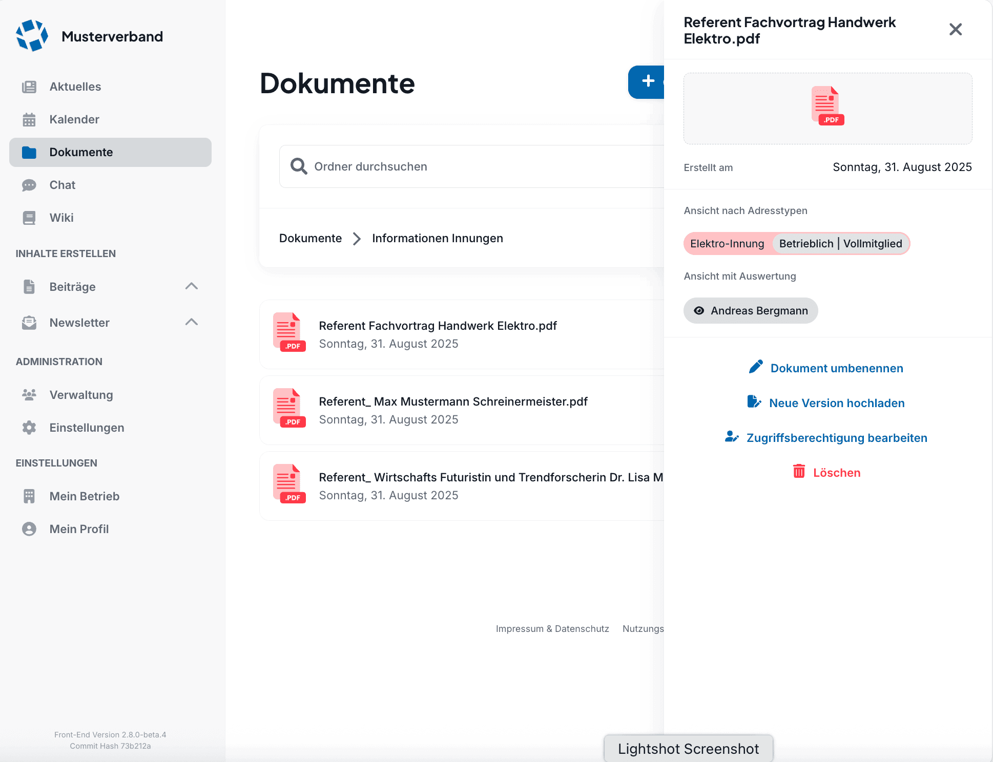 Dokumentenverwaltung in der Verbandspartner-Plattform